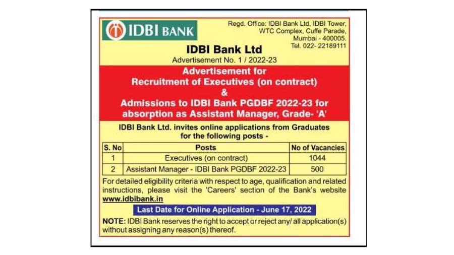 You are currently viewing IDBI Bank Recruitment 1544 Vacancy