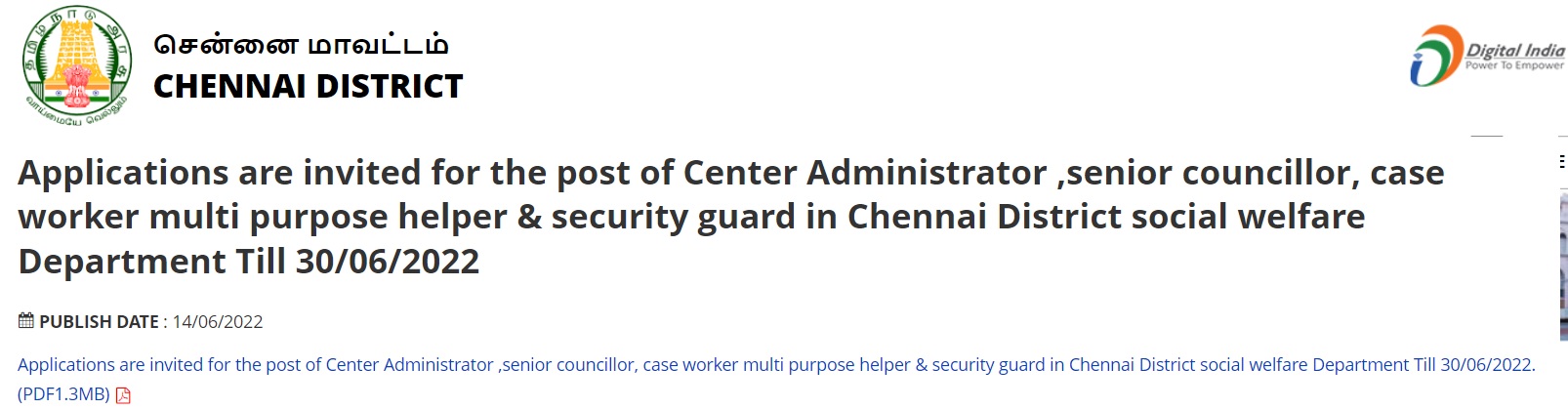 Read more about the article Chennai Social Welfare Recruitment 2022
