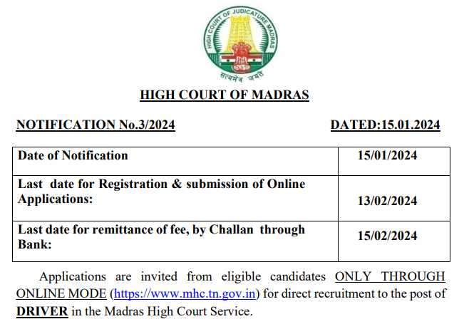 Read more about the article Madras High Court Recruitment 2024