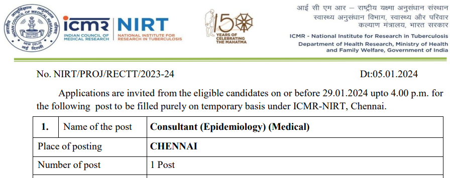 You are currently viewing NIRT Chennai Recruitment 2024