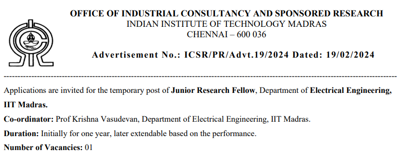 You are currently viewing IIT Madras Recruitment 2024