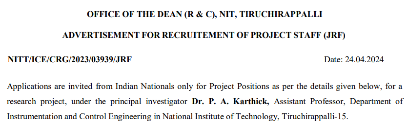 Read more about the article NIT Trichy Recruitment 2024